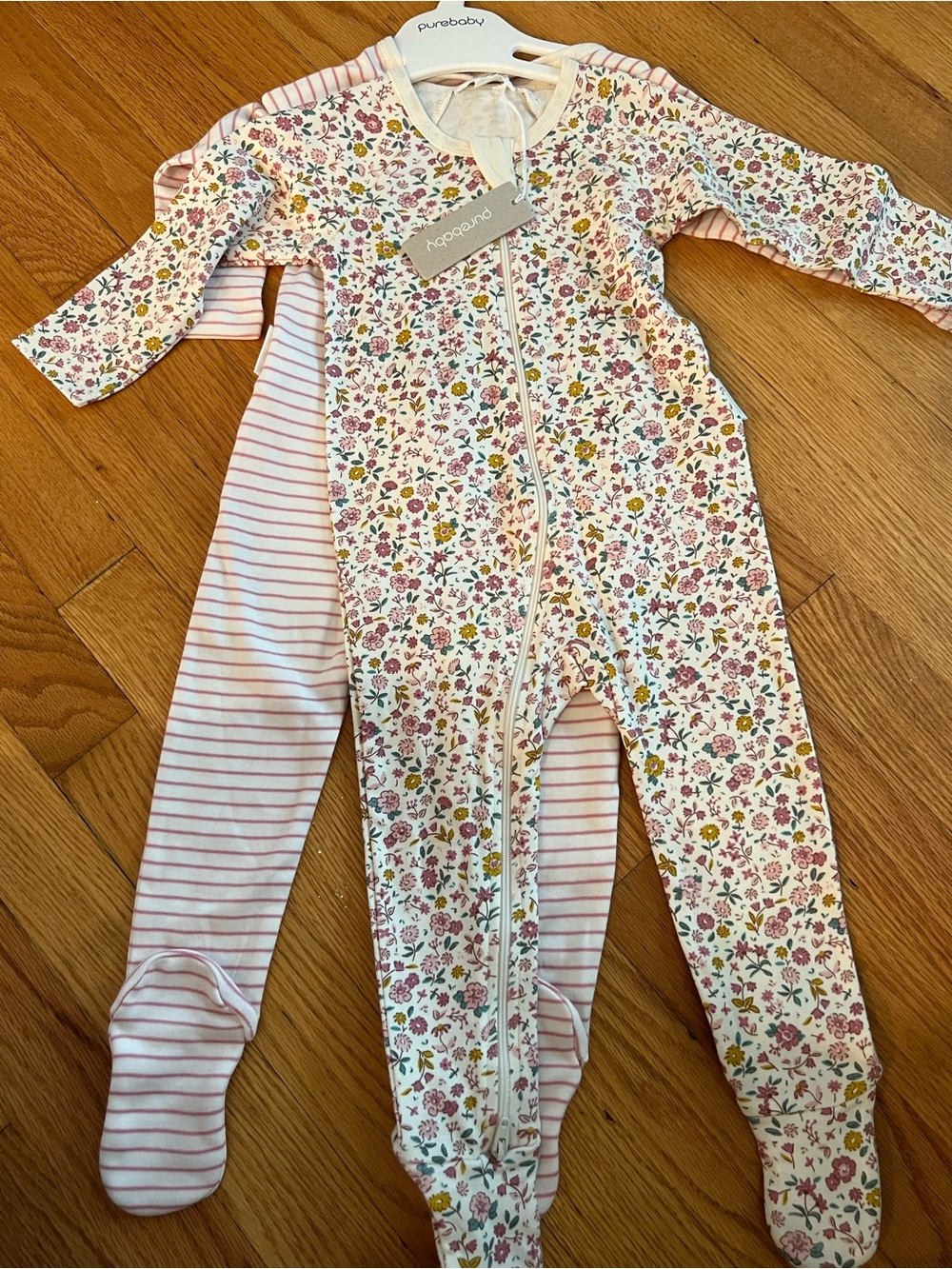 Purebaby White Floral and Pink Stripe Footed One-Piece Set